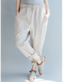 Loose Drawstring Waist Stripe Print Casual Harem Pants